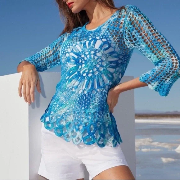 Boston Proper Blue White Open Stitch Crochet V-Neck Sweater 3625 - Picture 1 of 10